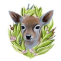 spring young deer portrait with flowers and green leaves