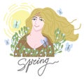 Spring. Young woman in flowers with butterflies fluttering around.