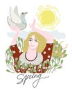 Spring. Young woman in flowers with white pigeon, who reaches out to the sun.