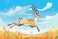 springbok happily bounding across savanna under blue sky