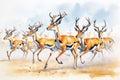 springbok herd running through savanna landscape