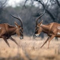 Springbok males engaged in a fierce battle. Antidorcas Marsupialis Royalty Free Stock Photo