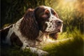 Springer Spaniel Dog Lying in Grass Garden with Sunlight Behind, Generative AI