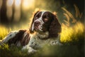 Springer Spaniel Dog Lying in Grass Garden with Sunlight Behind, Generative AI