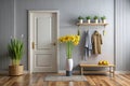 SpringInspired Modern Hallway Design Bright Minimalist Decor with Daffodils and a Stylish Coat Rack Royalty Free Stock Photo