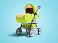 Springs light green stroller with fabric inserts for the child 3d render on blue background with shadow Royalty Free Stock Photo