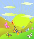 Springtime in a valley with butterflies and clouds. Royalty Free Stock Photo