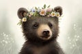 Springtime adorable baby bear wearing a flower crown. Cute children\'s book illustration of cuddly animal in spring.