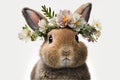 Springtime adorable baby bunny wearing a flower crown. Cute children\'s illustration of cuddly rabbit in spring. Easter