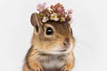 Springtime adorable baby chipmunk wearing a flower crown. Cute children\'s illustration of cuddly animal in spring. Easter