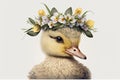 Springtime adorable baby duckling wearing a flower crown. Cute children\'s illustration of cuddly bird in spring. Easter