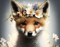 Springtime adorable baby fox wearing a flower crown. Cute children\'s book illustration of cuddly animal in spring.