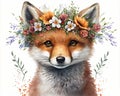 Springtime adorable baby fox wearing a flower crown. Cute children\'s book illustration of cuddly animal in spring.