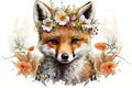 Springtime adorable baby fox wearing a flower crown. Cute children\'s book illustration of cuddly animal in spring.