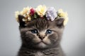 Springtime adorable baby kitten wearing a flower crown. Cute children\'s illustration of cuddly cat in spring. Easter