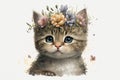 Springtime adorable baby kitten wearing a flower crown. Cute children\'s illustration of cuddly cat in spring. Easter Royalty Free Stock Photo