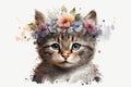 Springtime adorable baby kitten wearing a flower crown. Cute children\'s illustration of cuddly cat in spring. Easter Royalty Free Stock Photo