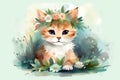 Springtime adorable baby kitten wearing a flower crown, watercolor ilustration. Generative ai