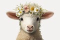 Springtime adorable baby lamb wearing a flower crown. Cute children\'s illustration of cuddly animal in spring. Easter