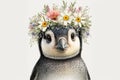 Springtime adorable baby penguin wearing a flower crown. Cute children\'s illustration of cuddly animal in spring. Easter