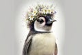 Springtime adorable baby penguin wearing a flower crown. Cute children\'s illustration of cuddly animal in spring. Easter