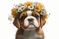 Springtime adorable baby puppy wearing a flower crown. Cute children\'s book illustration of cuddly dog in spring.