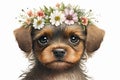 Springtime adorable baby puppy wearing a flower crown. Cute children\'s book illustration of cuddly dog in spring.