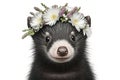 Springtime adorable baby skunk wearing a flower crown. Cute children\'s illustration of cuddly ferret in spring. Easter