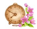 Springtime arrangement with vintage clock and sakura branch. Spring pink cherry flowers and retro chimes. Watercolor clipart for Royalty Free Stock Photo