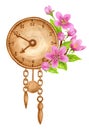 Springtime arrangement with vintage clock and sakura branch. Spring pink cherry flowers and retro chimes. Watercolor clipart for Royalty Free Stock Photo