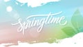 Springtime background with hand lettering, spring sun and white brush strokes.