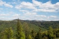 Springtime Beskid Slaski mountains from view tower on Stary Gron hill above Brenna village in Poland