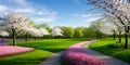 Springtime blooming flowers landscape by scenic green grass and beautiful sky