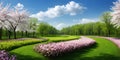 Springtime blooming flowers landscape by scenic green grass and beautiful sky