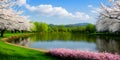 Springtime blooming flowers landscape by scenic green grass and beautiful sky