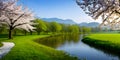 Springtime blooming flowers landscape by scenic green grass and beautiful sky