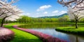 Springtime blooming flowers landscape by scenic green grass and beautiful sky