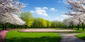 Springtime blooming flowers landscape by scenic green grass and beautiful sky