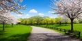 Springtime blooming flowers landscape by scenic green grass and beautiful sky