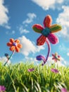 Springtime Blooms: A Vibrant Crochet Showcase on a Blue Sky Back