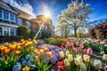 Springtime blossoms, vibrant tulips, and a sunlit home Royalty Free Stock Photo