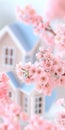 Springtime cherry blossoms framing miniature pastel house, AI Generative Royalty Free Stock Photo