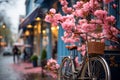 Springtime in the city, a vintage bicycle with a flower basket parked by a cozy modern cafe during a gentle rain