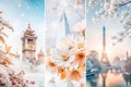Springtime collage Asian pagoda, cherry blossoms, Eiffel Tower Royalty Free Stock Photo
