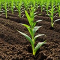 Springtime corn field with green sprouts in soft In a farmed farm green corn seedling sprouts are Agricultural landscape