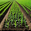 Springtime corn field with green sprouts in soft In a farmed farm green corn seedling sprouts are Agricultural landscape