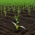 Springtime corn field with green sprouts in soft In a farmed farm green corn seedling sprouts are Agricultural landscape