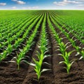 Springtime corn field with green sprouts in soft In a farmed farm green corn seedling sprouts are Agricultural landscape