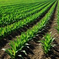 Springtime corn field with green sprouts in soft In a farmed farm green corn seedling sprouts are Agricultural landscape