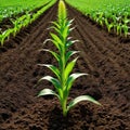 Springtime corn field with green sprouts in soft In a farmed farm green corn seedling sprouts are Agricultural landscape